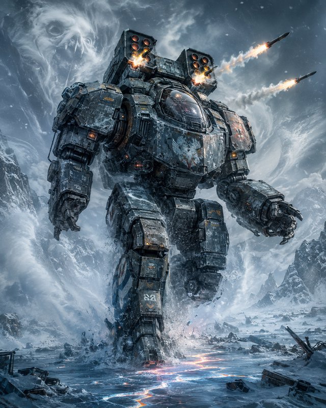 Battle-scarred giant combat mech fires shoulder missiles while advancing across a frozen snowy mo...