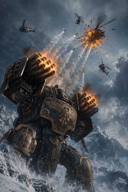 Ornate gilded war titan fires rocket launchers at attacking helicopters, one exploding, on a snow...