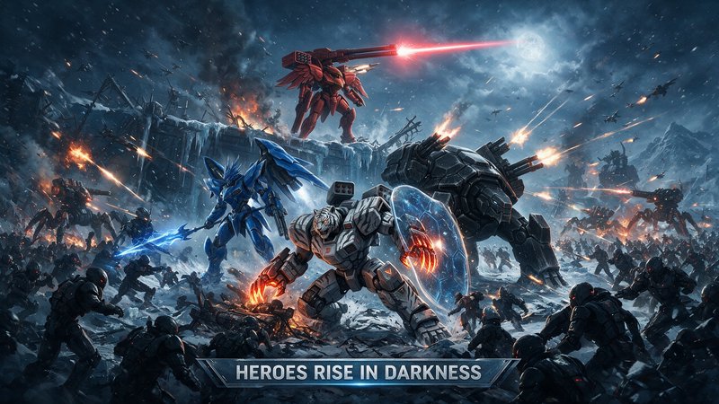 Epic sci-fi battle art of combat mechs fighting enemy forces on a snowy frozen battlefield, with ...