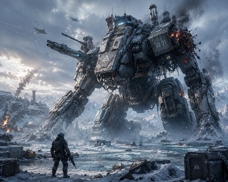Lone futuristic soldier stands before a massive battle-damaged war mech on a snowy frozen arctic ...