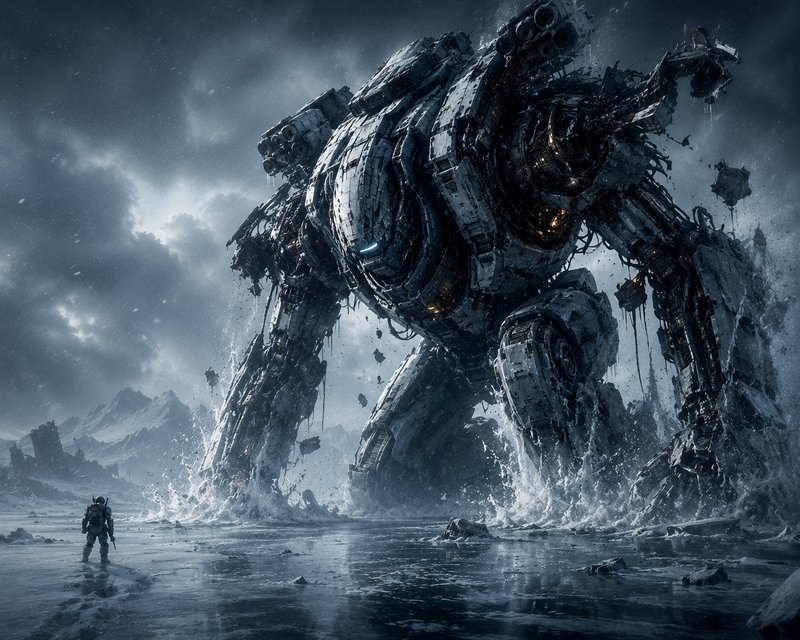 Lone futuristic soldier stands before a massive battle-damaged giant mech emerging from icy flood...