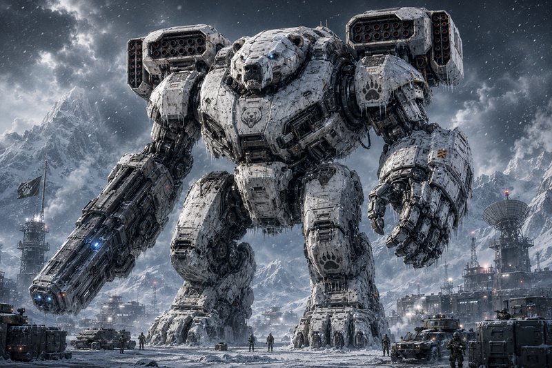 Massive polar bear themed combat mech stands in a snowy arctic military outpost during a snowstor...