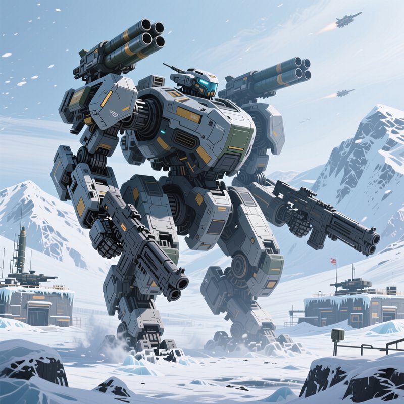 Heavily armed tactical battle mech stands at a snow-covered arctic military outpost as aircraft f...