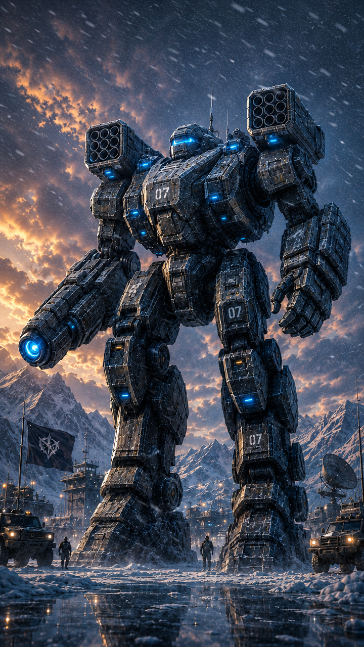 Giant armored battle mech marked 07 stands guard at a snowy arctic military outpost during a blizzard sunset.