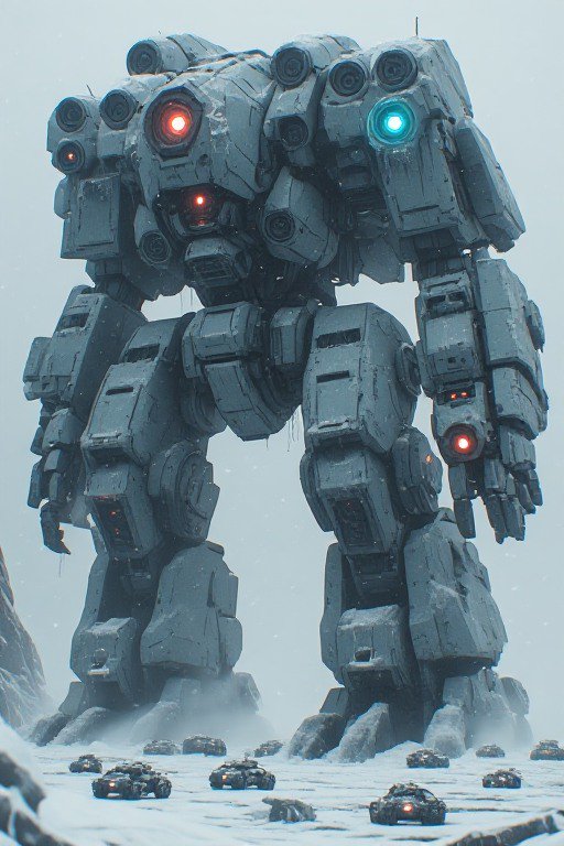 Towering weathered combat mech stands in a snowy arctic battlefield, surrounded by rows of small ...