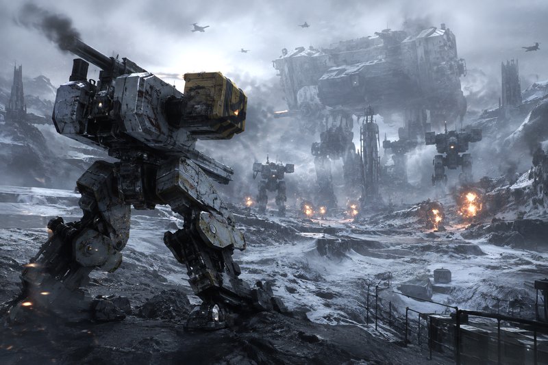 Battle-worn combat mechs advance across a foggy snowy warzone, with explosions, aircraft, and a m...