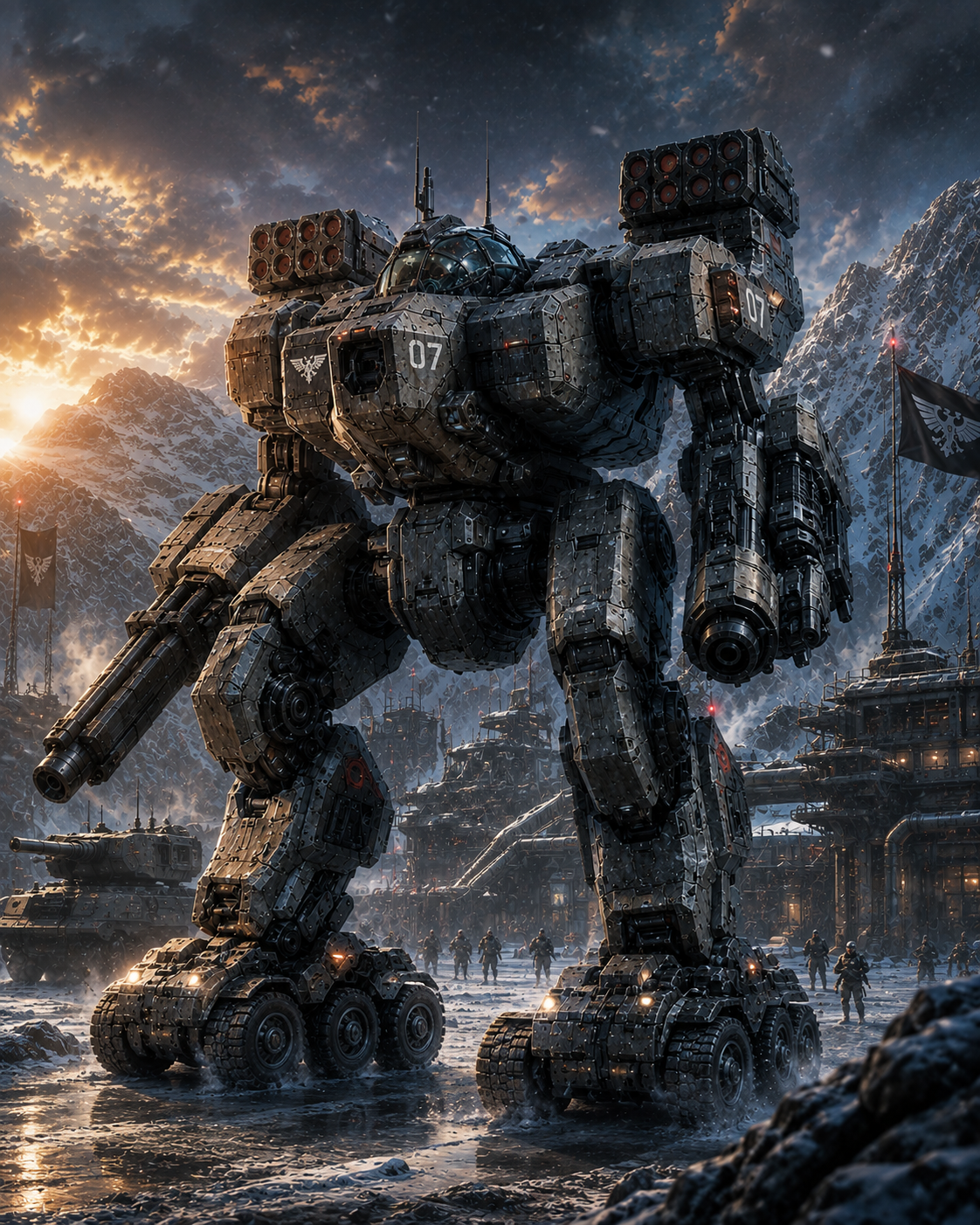 Massive heavy combat mech marked 07 stands guard at a snowy mountain military outpost at dramatic sunset.