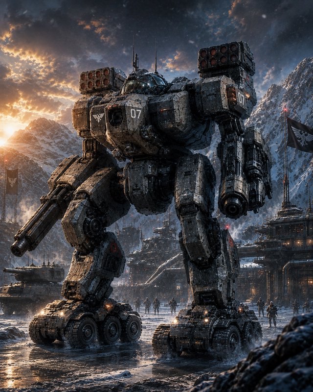 Massive heavy combat mech marked 07 stands guard at a snowy mountain military outpost at dramatic...