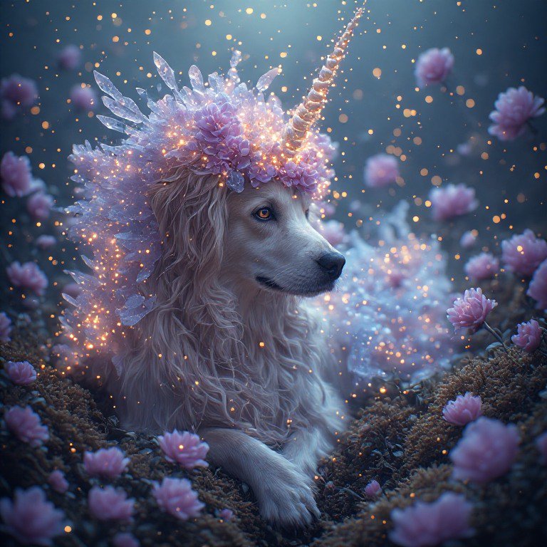 Whimsical unicorn-dog hybrid with crystal floral crown rests among pink blossoms surrounded by gl...