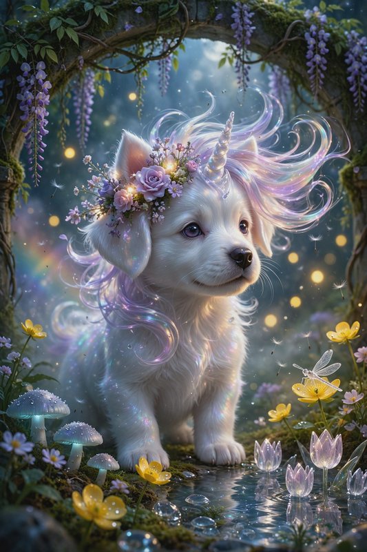 Cute fluffy unicorn puppy wearing a pastel flower crown sits at a stream edge in a glowing enchan...