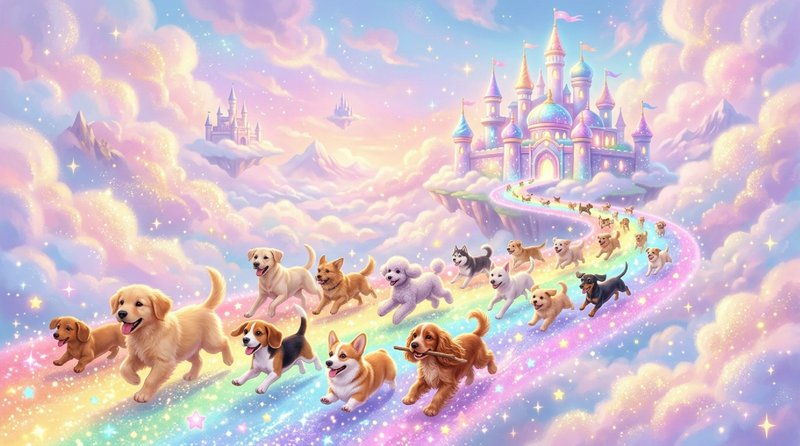 Pack of happy diverse dogs run along a glittering rainbow path toward pastel floating fantasy clo...