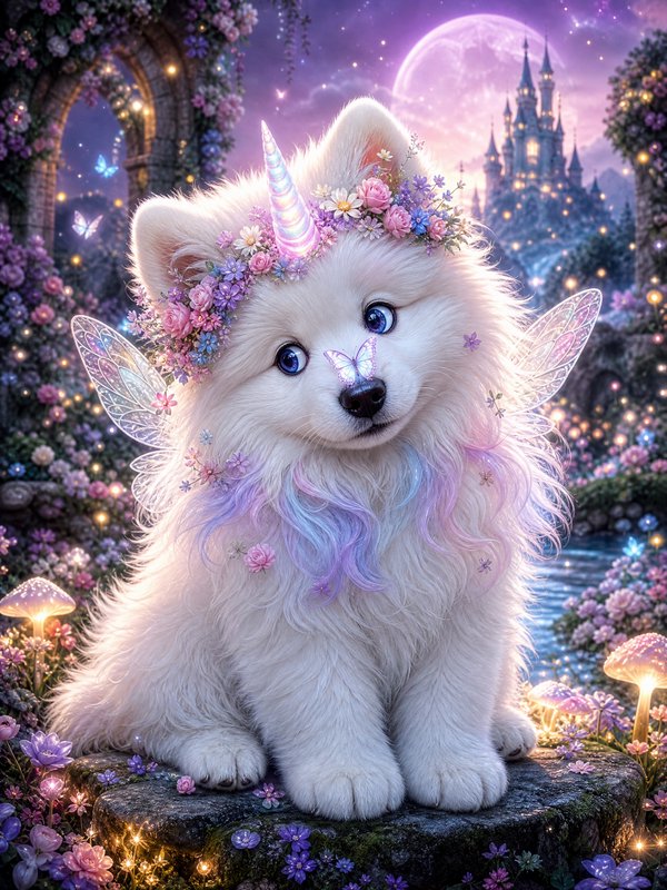 Fluffy white fairy unicorn puppy with flower crown sits in glowing moonlit enchanted castle garden