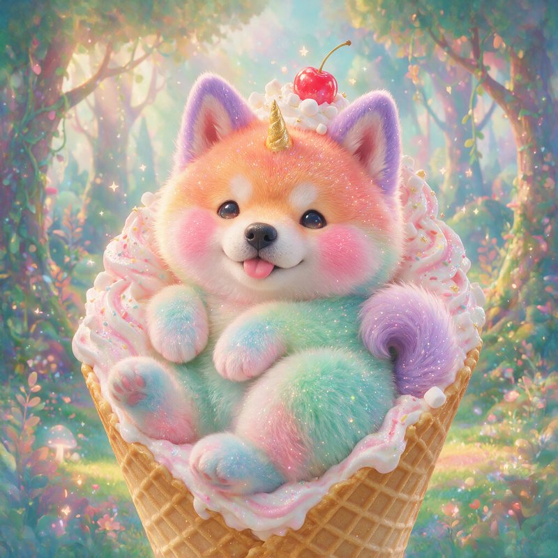 Adorable pastel corgi unicorn puppy sits in a whipped cream waffle cone in a sparkly enchanted fo...