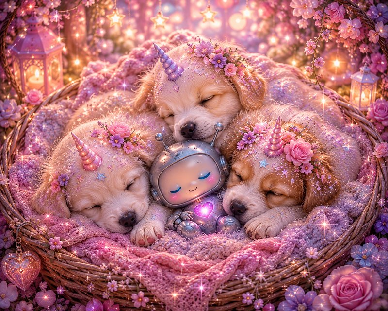 Three sleeping glittery unicorgi puppies snuggle with a tiny glowing robot in a magical flower-fi...