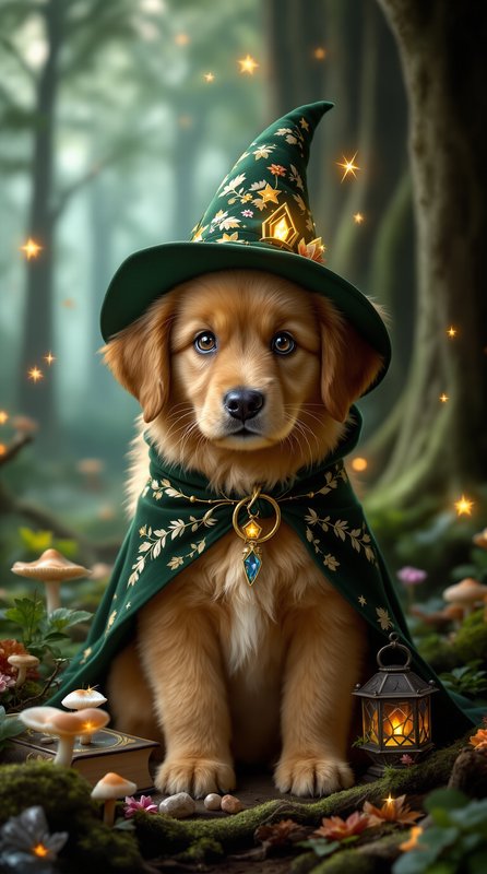 Adorable golden retriever puppy dressed as a wizard sits in a glowing enchanted forest