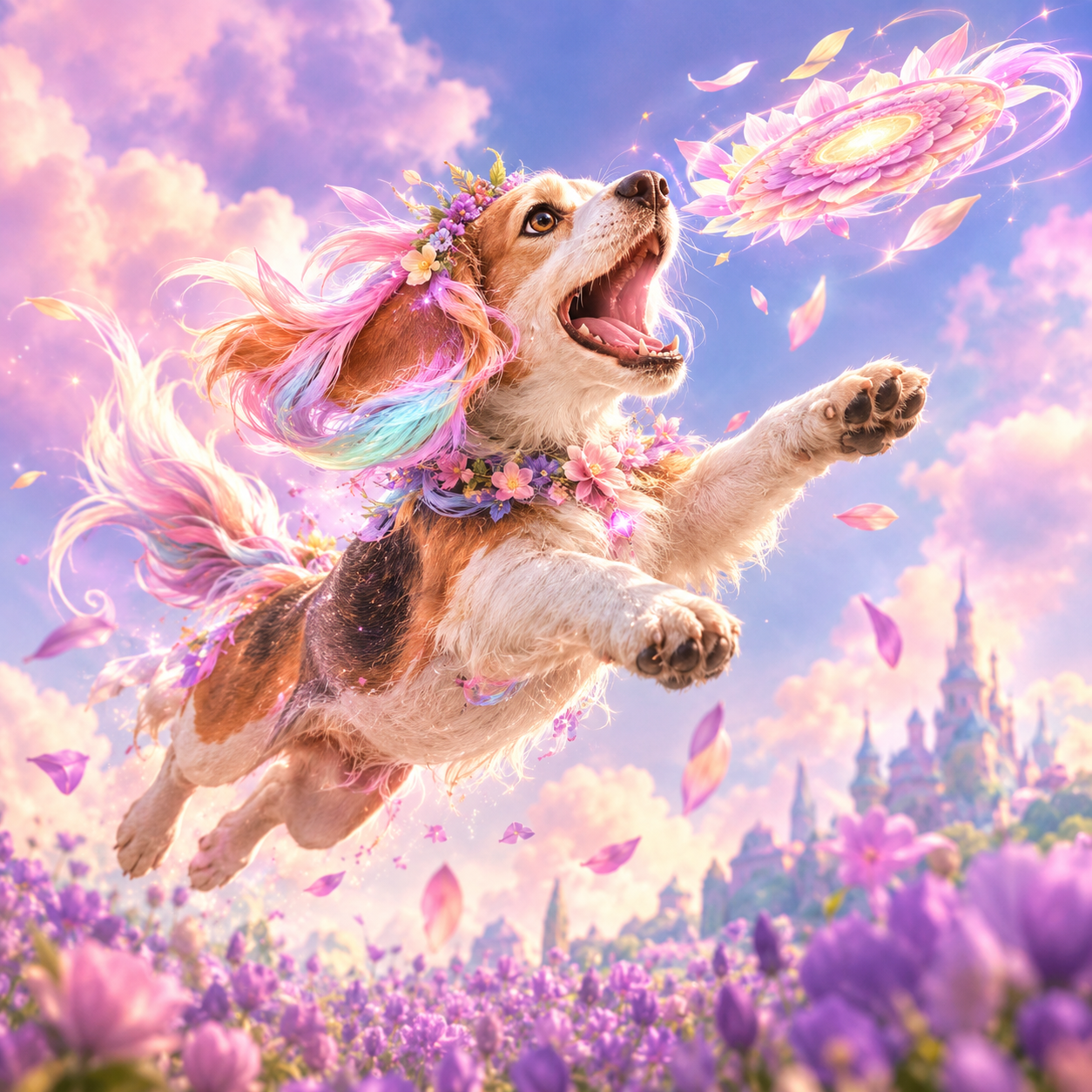 [Joyful fantasy spaniel with rainbow fur leaps for a glowing flower frisbee over a pastel flower field, fairy tale castle ...