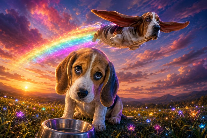 Cute beagle puppy by a metal dog bowl, with a flying basset hound leaving a rainbow trail over a ...