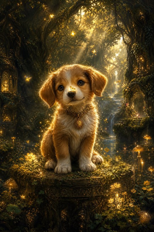 Cute fluffy tan and white puppy with a gold collar sits on a mossy pedestal, a glowing butterfly ...