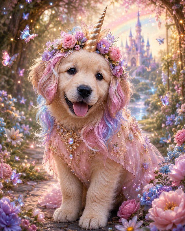 Adorable golden retriever unicorn puppy with a floral crown sits in an enchanted fairy garden nea...