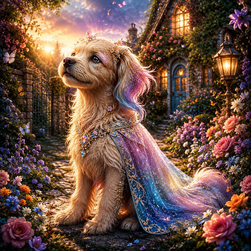 Fluffy spaniel puppy in fairy royal regalia sits on a cobblestone path in an enchanted flower gar...