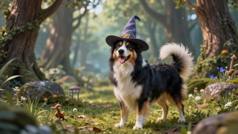 Cheerful tricolor Australian Shepherd wearing a purple wizard hat stands in a sunlit enchanted fo...
