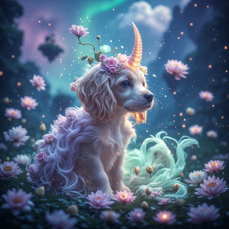 Adorable unicorn cocker spaniel puppy with floral crown sits in an enchanted glowing pastel flowe...
