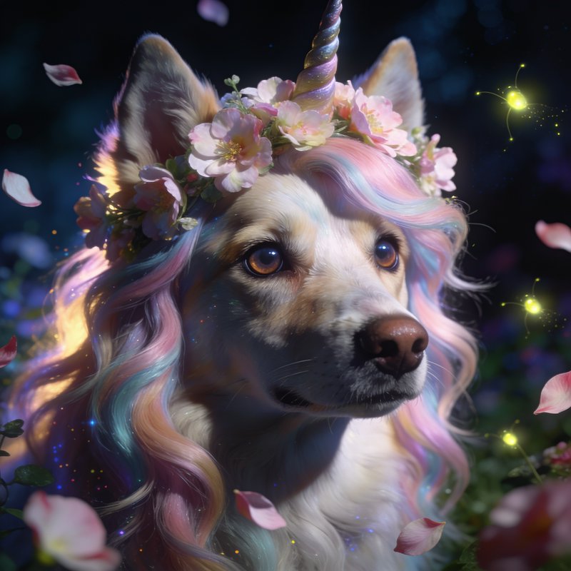 Close up of a whimsical corgi unicorn hybrid wearing a pink flower crown, surrounded by glowing f...