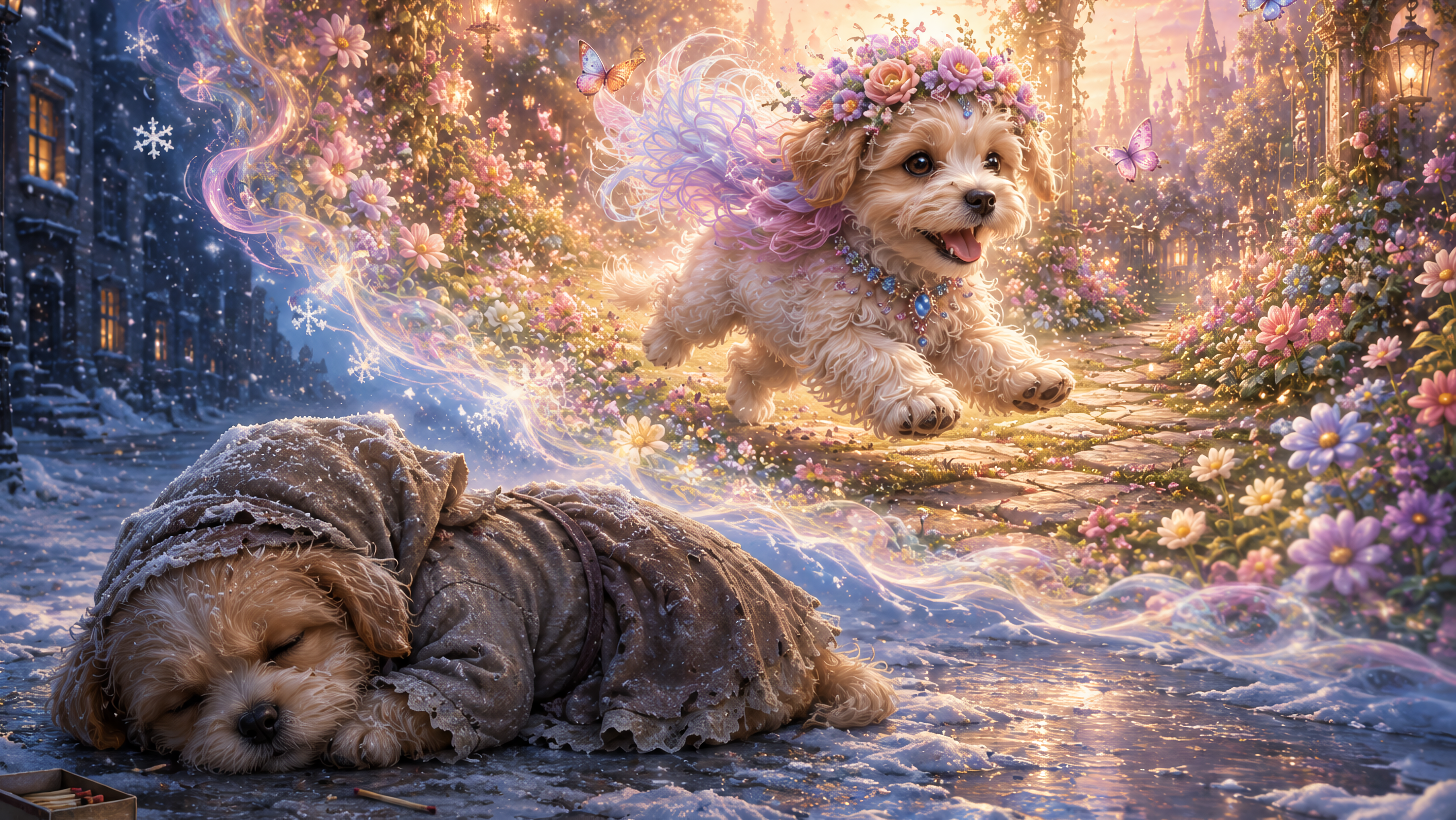 [Cold ragged puppy sleeps on a snowy cobblestone street, dreaming of a joyful winged fairy puppy in a magical flower-fille...
