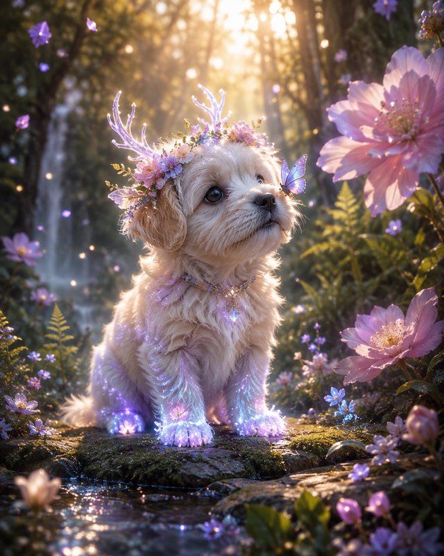 Adorable fluffy puppy with glowing antler flower crown sits in sunlit enchanted forest, butterfly...