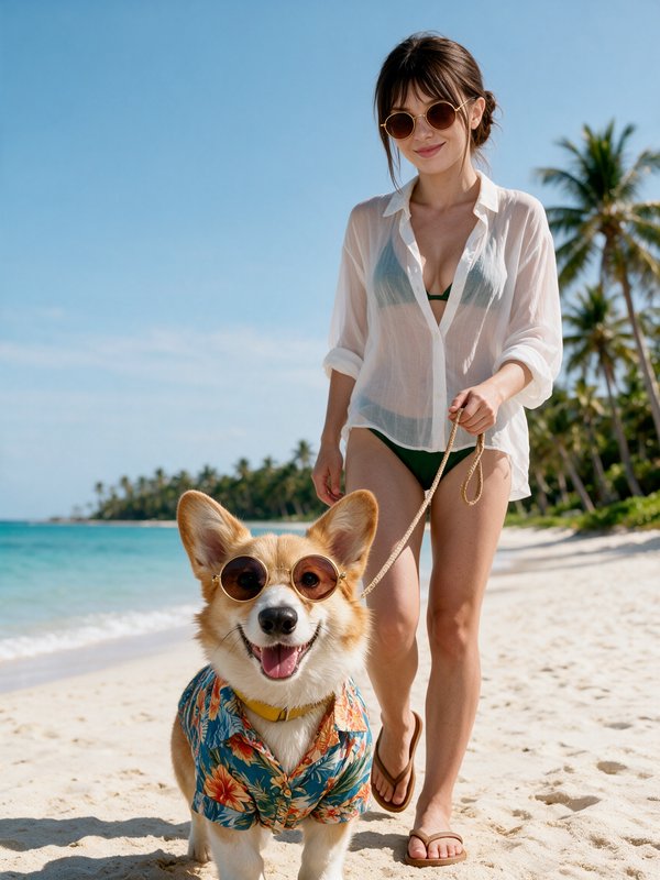 Smiling woman and her matching sunglasses-wearing corgi in a Hawaiian shirt walk along a sunny tr...