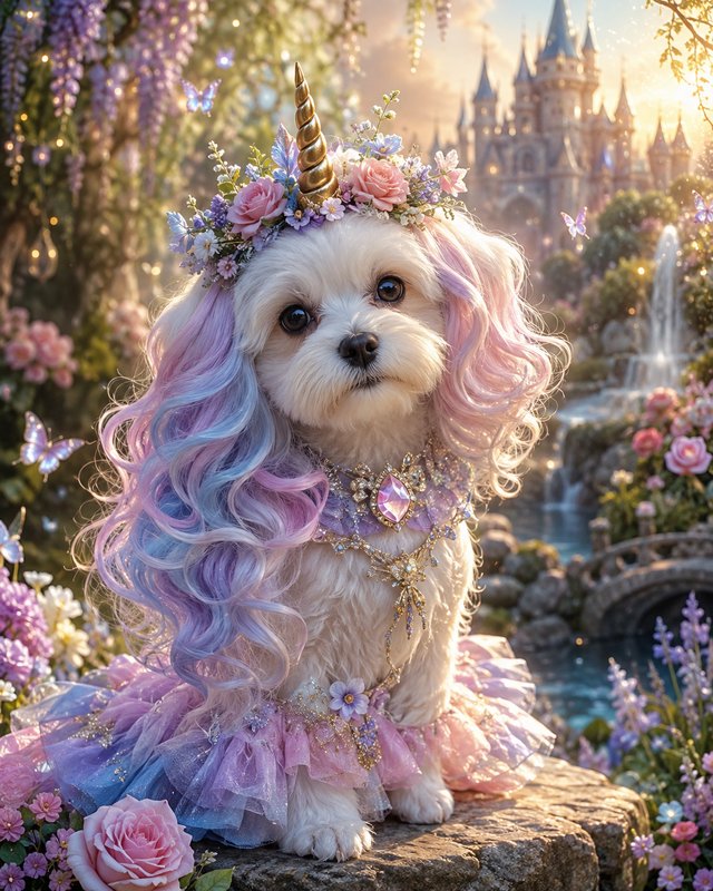 Adorable unicorn Maltese dog in a frilly pastel tutu sits in a sunlit magical fairytale castle ga...