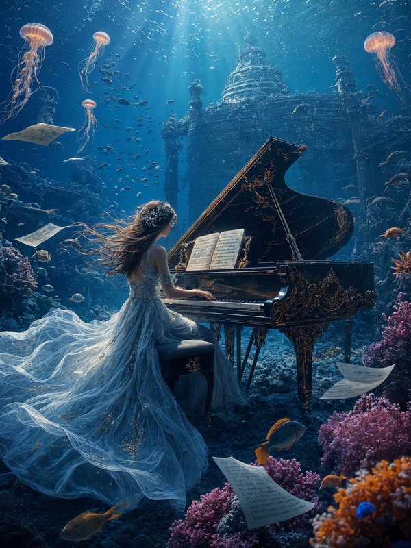 Ethereal woman in a flowing gown plays an ornate grand piano in a sunlit underwater sunken city s...