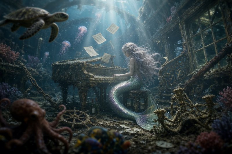 Silver-haired mermaid plays a barnacle-encrusted grand piano inside a sunken shipwreck, surrounde...