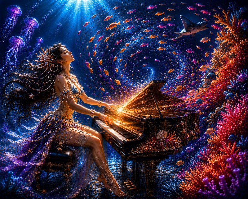 Ethereal sea goddess plays a glowing grand piano underwater, surrounded by swirling fish, glowing...