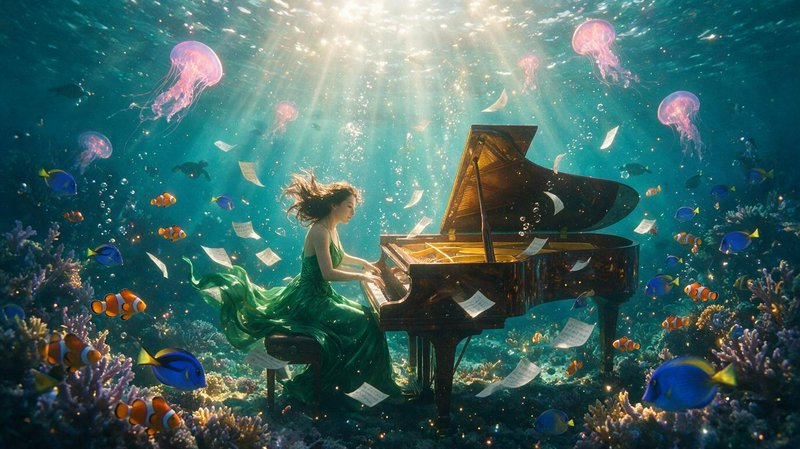 Woman in flowing green gown plays grand piano underwater, surrounded by tropical fish, pink jelly...