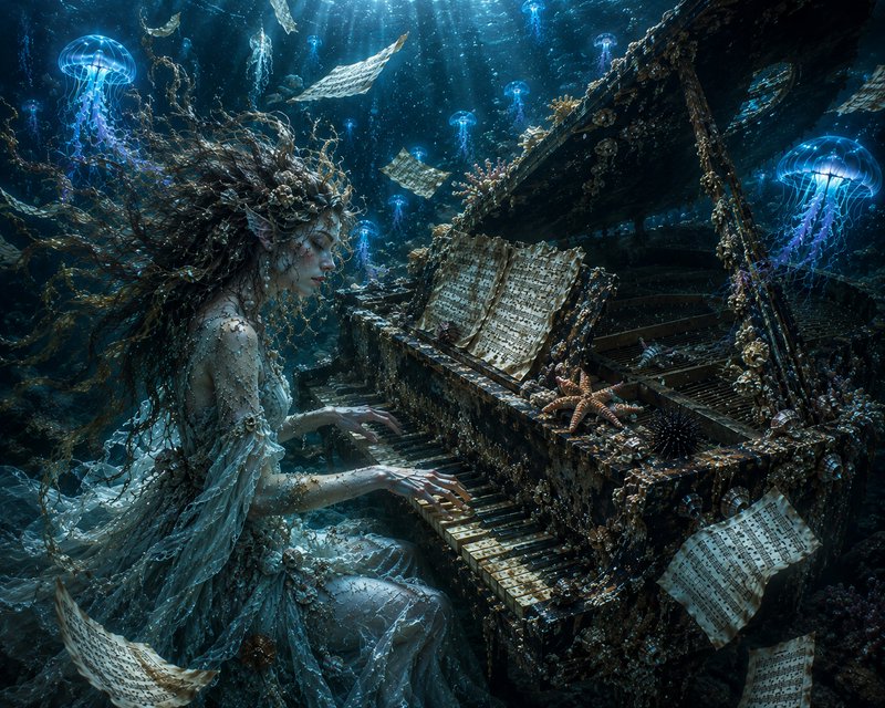 Ethereal underwater sea nymph with seaweed hair plays a coral-encrusted grand piano surrounded by...