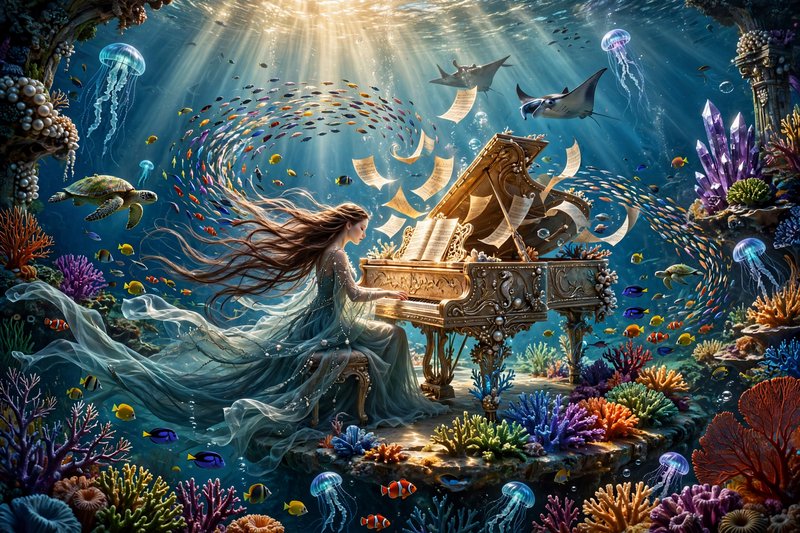 Ethereal long-haired woman plays an ornate grand piano in a sunlit underwater coral reef fantasy ...