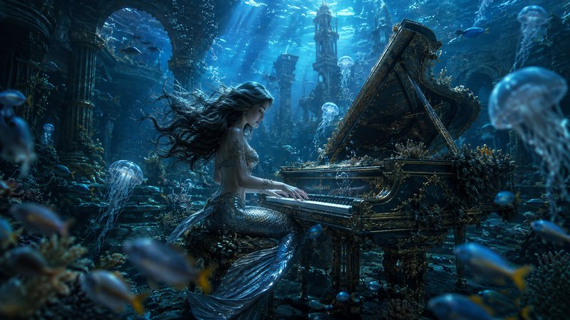 Long-haired silver-tailed mermaid plays an ornate grand piano inside a sunken underwater city, su...