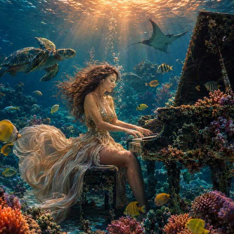 Ethereal woman in a flowing gown plays a coral-covered grand piano on a sunlit underwater reef, w...
