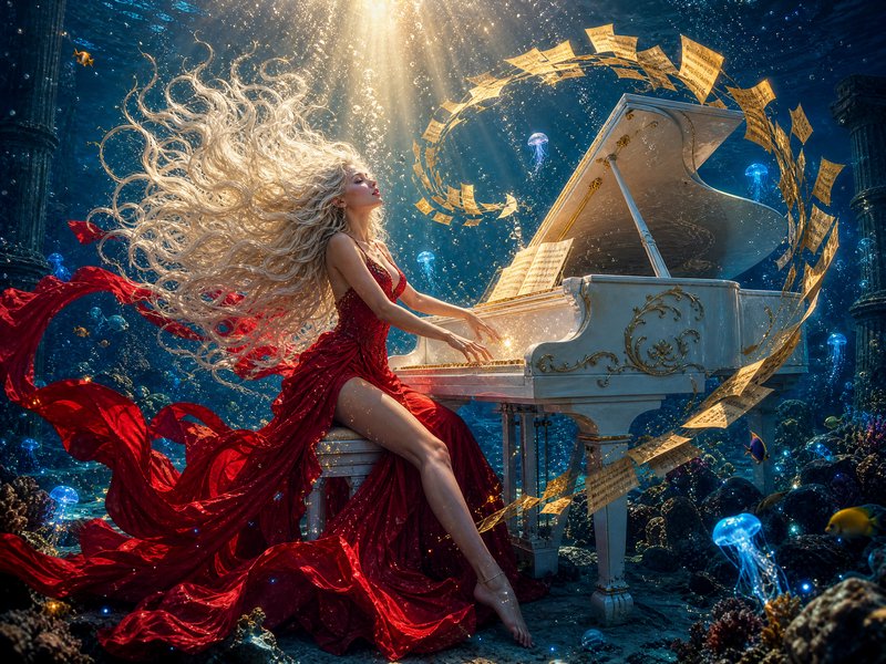 Blonde woman in flowing red gown plays ornate grand piano in a magical sunlit underwater ruin scene