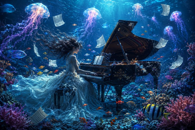 Ethereal woman plays a grand piano in a sunlit underwater ocean, surrounded by glowing jellyfish,...