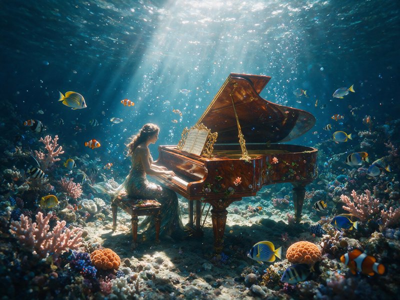 Graceful mermaid plays an ornate grand piano on a sunlit underwater coral reef, surrounded by col...