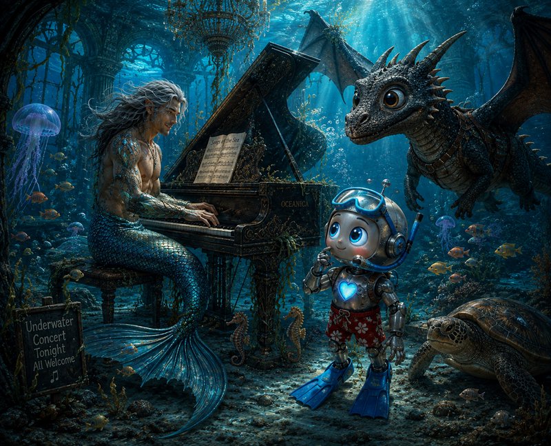 Merman plays grand piano underwater for a robot diver, friendly baby dragon, and sea life in sunk...