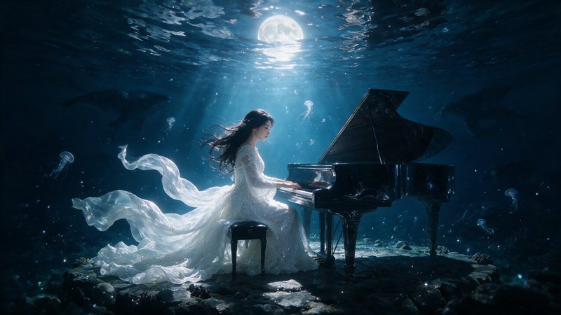 [Ethereal woman in a flowing white gown plays grand piano underwater, beneath a glowing full moon with floating jellyfish.]