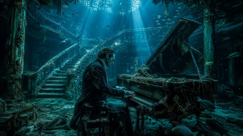 Ghostly pianist plays a coral-covered grand piano inside a sunken underwater mansion as sunbeams ...