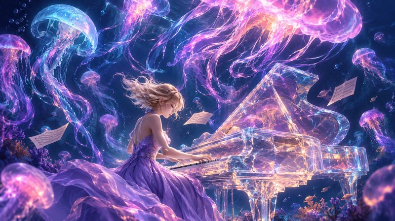 Woman in flowing purple gown plays glowing crystal grand piano surrounded by luminous jellyfish i...