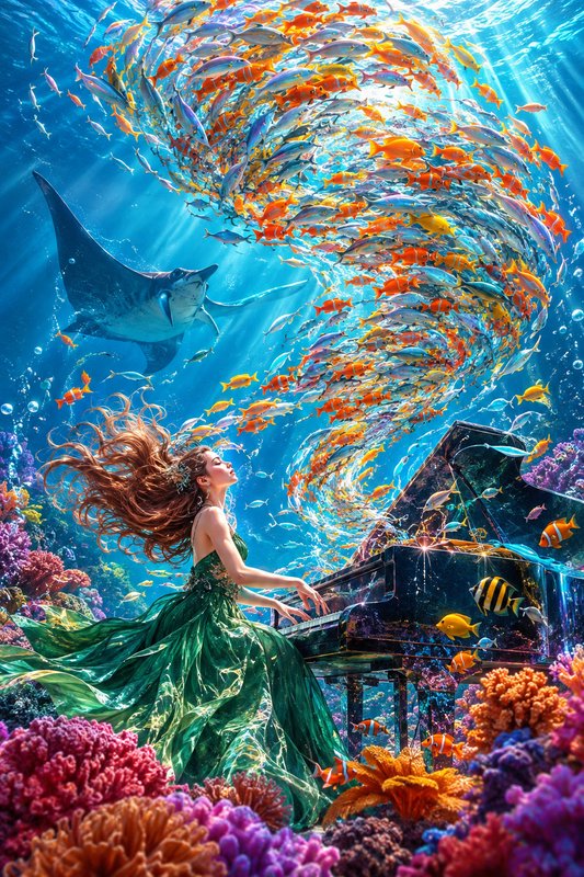 Surreal underwater fantasy: woman in flowing emerald gown plays grand piano amid tropical fish, m...
