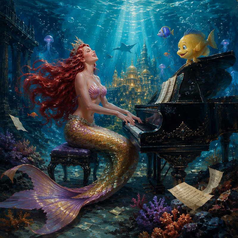 Crowned red-haired mermaid plays an ornate grand piano underwater, cheerful yellow fish perched o...