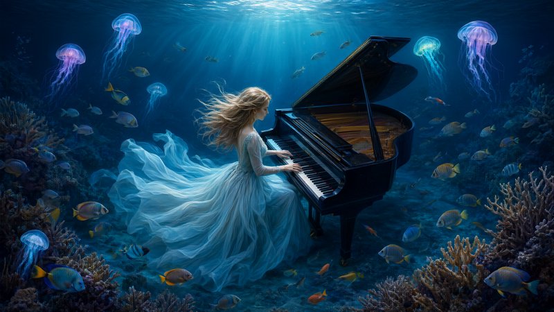Ethereal blonde woman in flowing blue gown plays grand piano surrounded by jellyfish and fish on ...