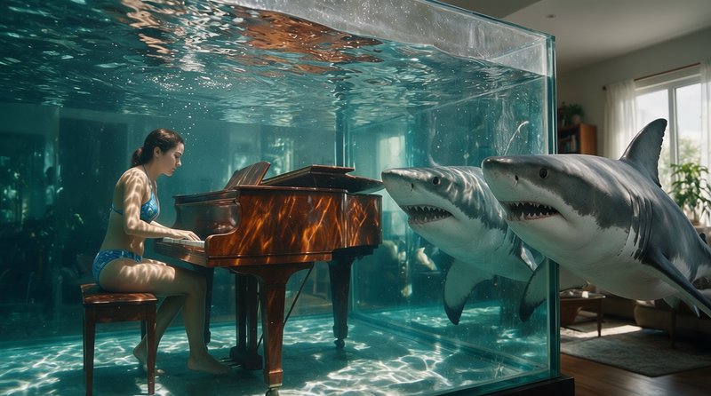 Woman plays grand piano inside a giant home aquarium tank alongside two great white sharks in a s...